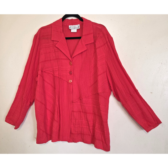 Saint Germain Paris Red Blouse Top XL Crinkled Gauze Lagenlook VTG 90s Button Up - Picture 1 of 16